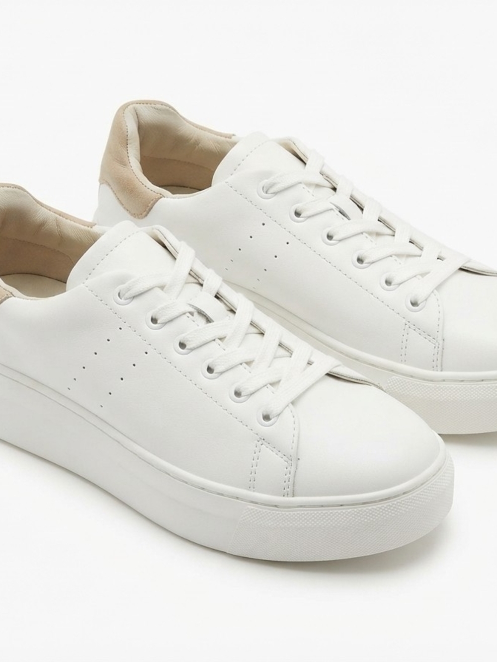 Classic White Leather Platform Sneakers with Beige Heel